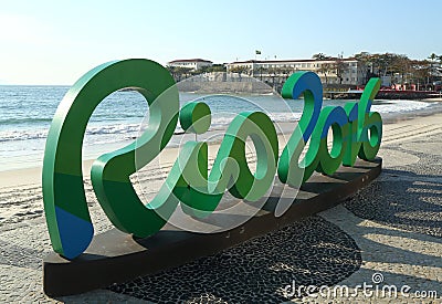 Rio 2016 sign at Copacabana Beach in Rio de Janeiro Editorial Stock Photo